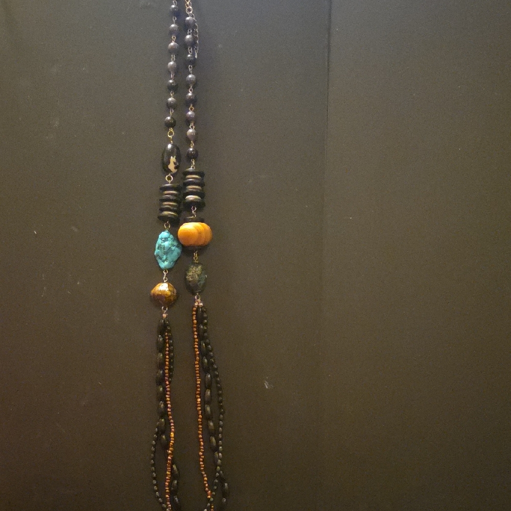 Elegant Beaded Necklace with Turquoise and Amber Accents